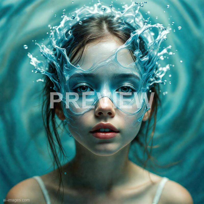 A young woman with striking blue eyes and fair skin is submerged in water, with her face partially covered by a translucent, water-like mask that appears to be flowing outward from her face. Her hair is wet and spread around her head, blending seamlessly with the surrounding water, creating a surreal and artistic effect. The background is a soft, rippling blue, emphasizing the aquatic theme and the ethereal quality of the image.